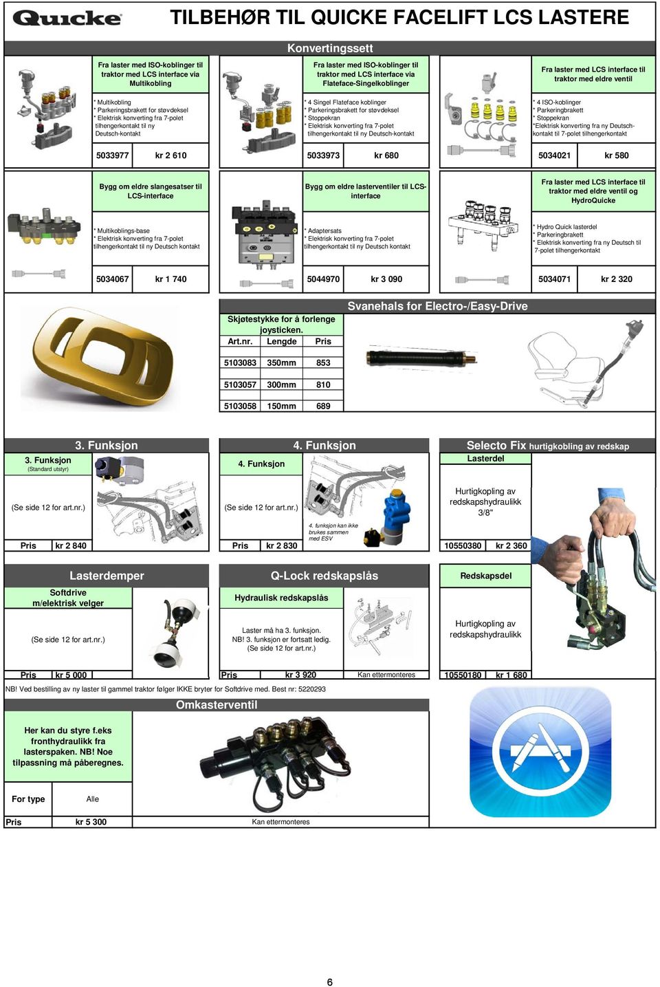 Parkeringsbrakett for støvdeksel * Stoppekran * Elektrisk konverting fra 7-polet tilhengerkontakt til ny Deutsch-kontakt Fra laster med LCS interface til traktor med eldre ventil * 4 ISO-koblinger *