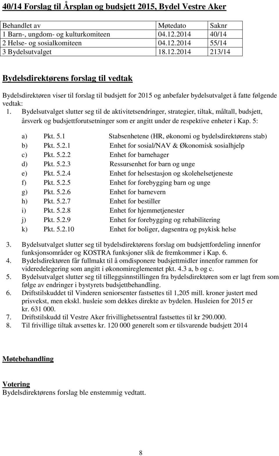 Bydelsutvalget slutter seg til de aktivitetsendringer, strategier, tiltak, måltall, budsjett, årsverk og budsjettforutsetninger som er angitt under de respektive enheter i Kap. 5: