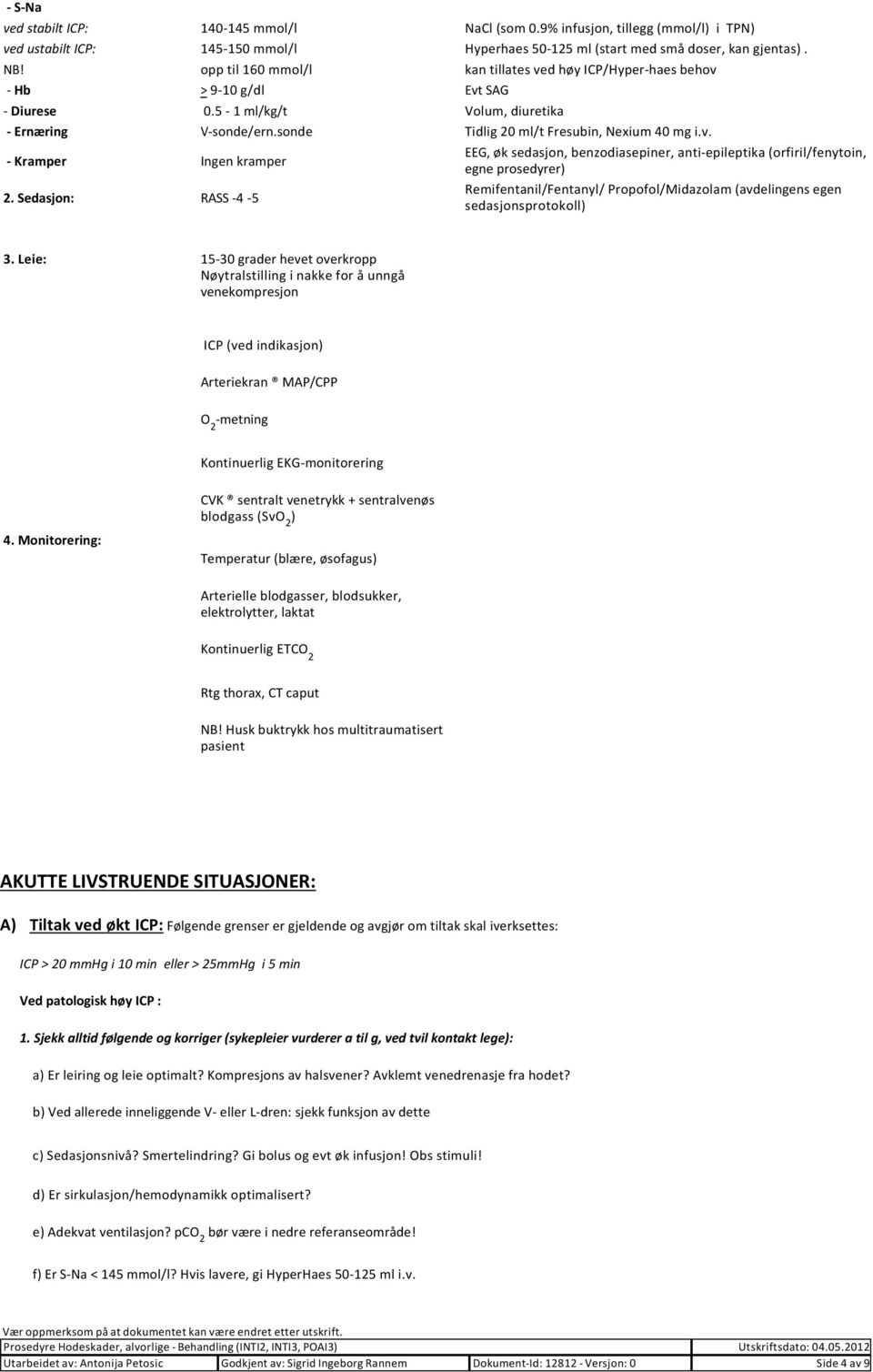 Sedasjon: RASS 4 5 Remifentanil/Fentanyl/ Propofol/Midazolam (avdelingens egen sedasjonsprotokoll) 3.