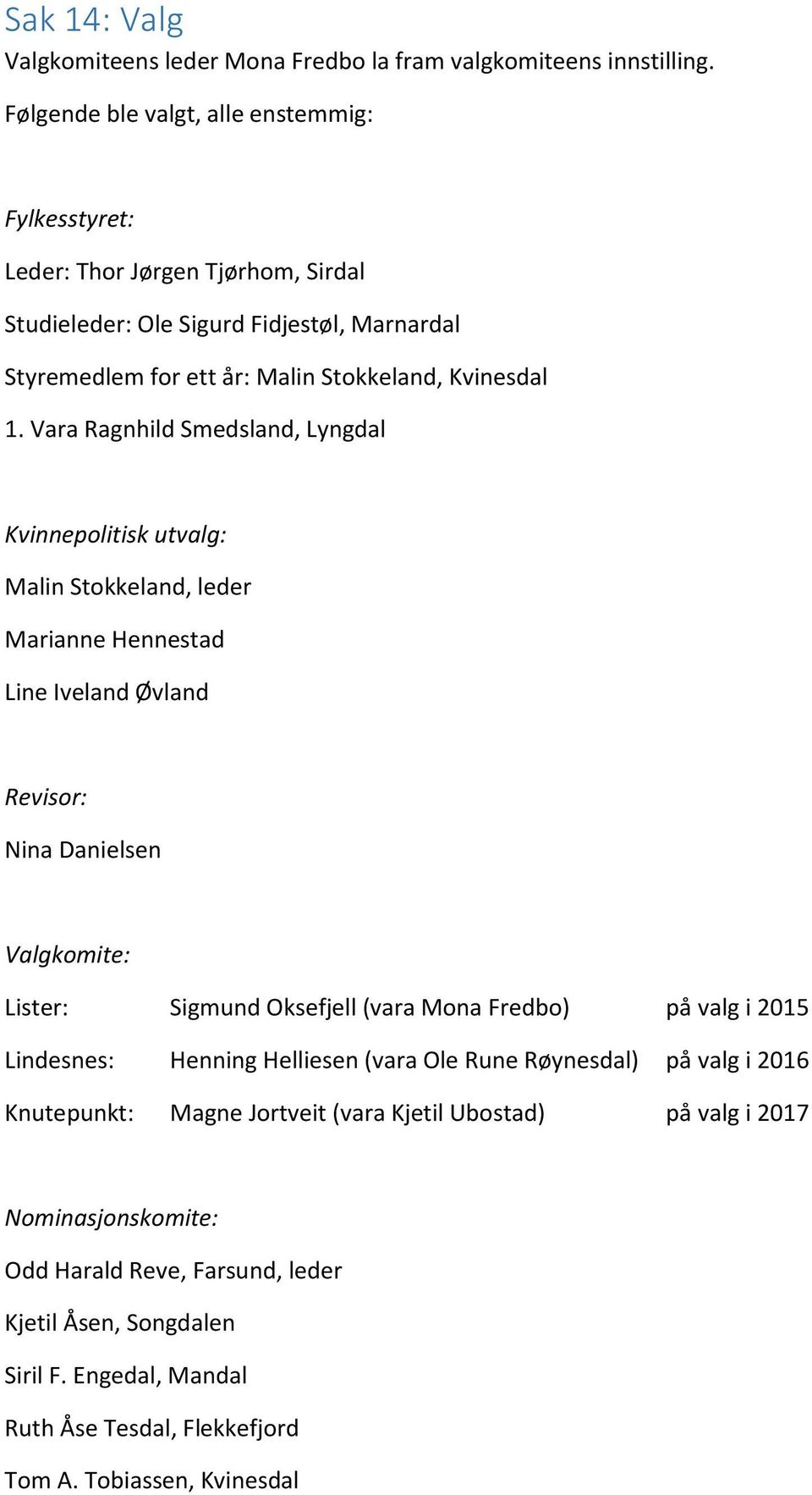 Vara Ragnhild Smedsland, Lyngdal Kvinnepolitisk utvalg: Malin Stokkeland, leder Marianne Hennestad Line Iveland Øvland Revisor: Nina Danielsen Valgkomite: Lister: Sigmund Oksefjell (vara Mona