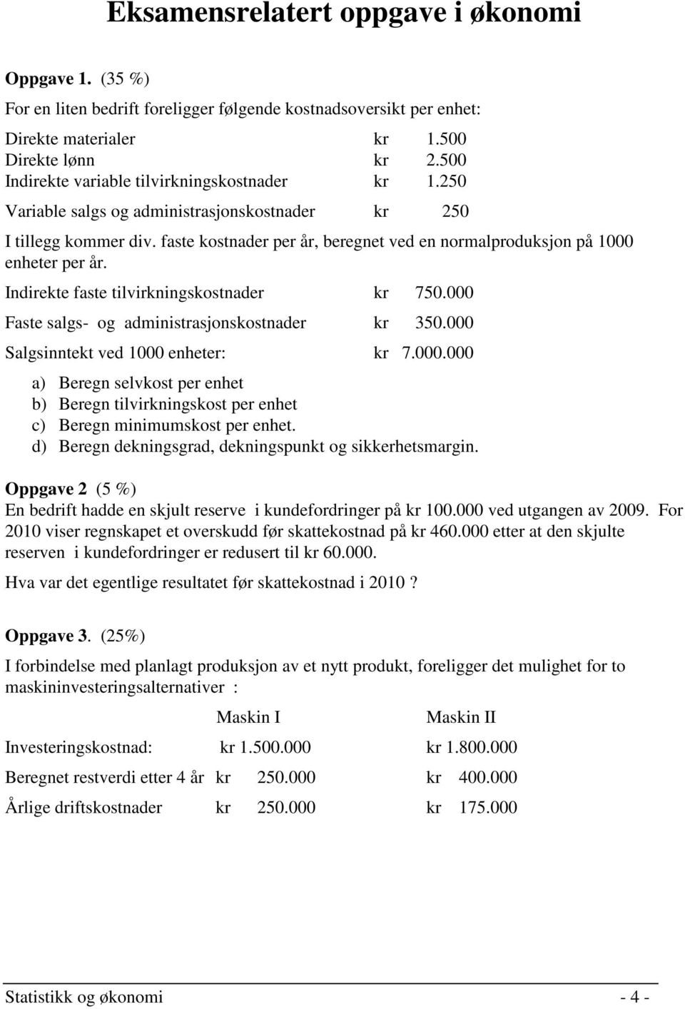 faste kostnader per år, beregnet ved en normalproduksjon på 1000 enheter per år. Indirekte faste tilvirkningskostnader kr 750.000 Faste salgs- og administrasjonskostnader kr 350.