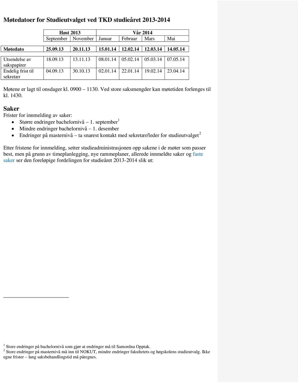 0900 1130. Ved store saksmengder kan møtetiden forlenges til kl. 1430. Saker Frister for innmelding av saker: Større endringer bachelornivå 1. september 1 Mindre endringer bachelornivå 1.