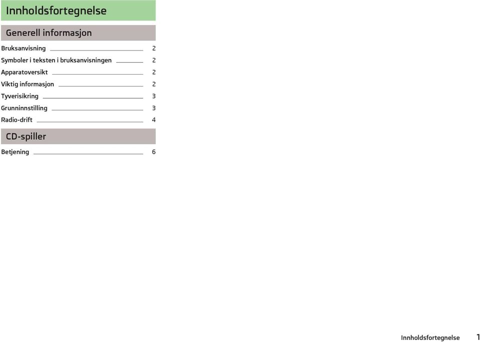 Viktig informasjon 2 Tyverisikring 3 Grunninnstilling 3