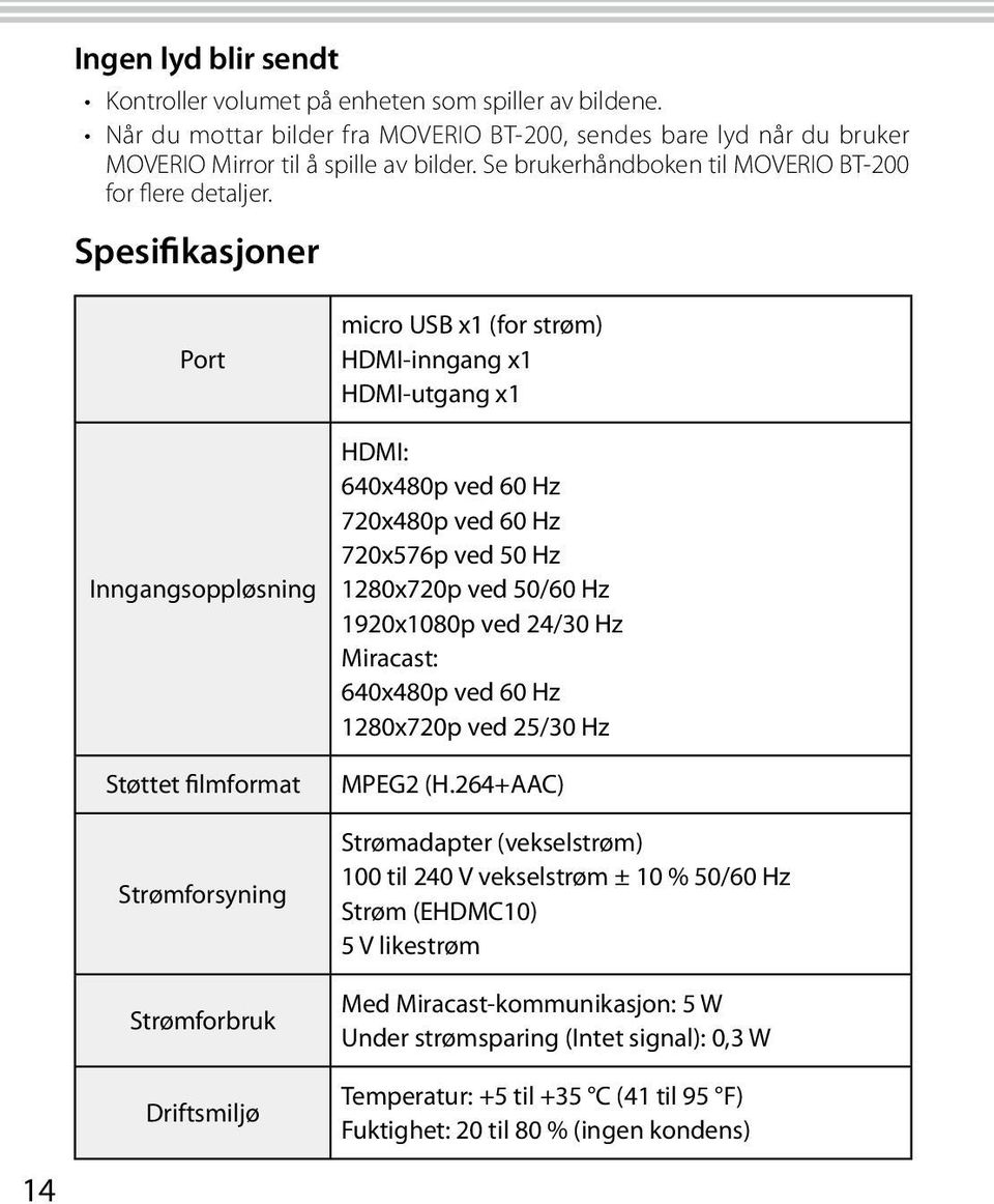 Spesifikasjoner Port Inngangsoppløsning Støttet filmformat Strømforsyning Strømforbruk Driftsmiljø micro USB x1 (for strøm) HDMI-inngang x1 HDMI-utgang x1 HDMI: 640x480p ved 60 Hz 720x480p ved 60 Hz