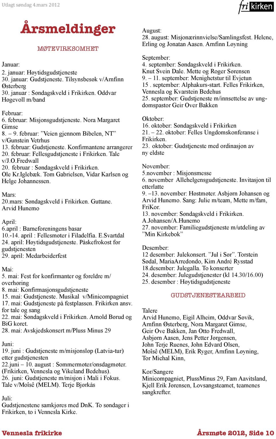 februar: Fellesgudstjeneste i Frikirken. Tale v/j.o.fredwall 20. februar : Søndagskveld i Frikirken. Ole Kr.Iglebæk. Tom Gabrielsen, Vidar Karlsen og Helge Johannessen. Mars: 20.