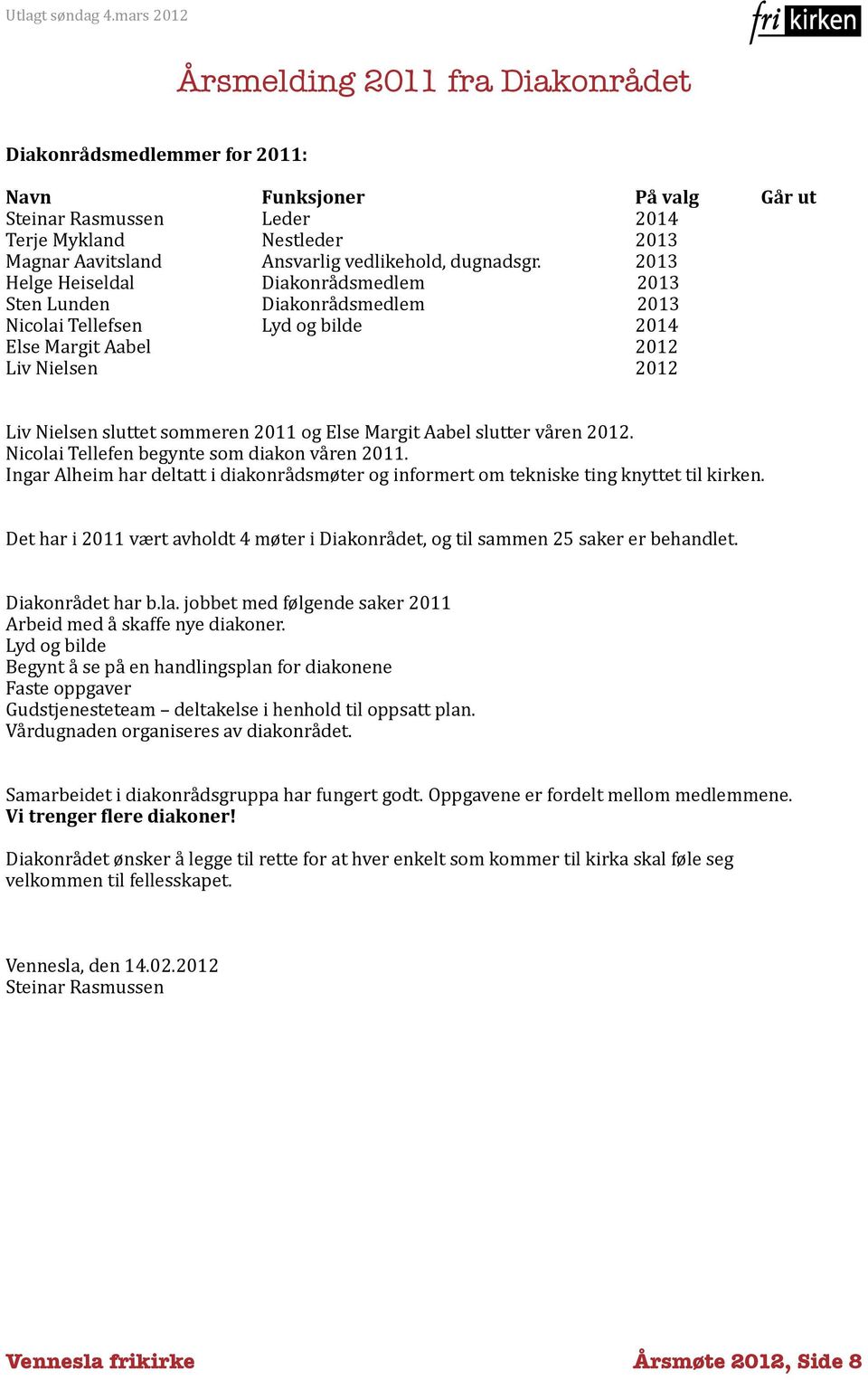 2013 Helge Heiseldal Diakonrådsmedlem 2013 Sten Lunden Diakonrådsmedlem 2013 Nicolai Tellefsen Lyd og bilde 2014 Else Margit Aabel 2012 Liv Nielsen 2012 Liv Nielsen sluttet sommeren 2011 og Else