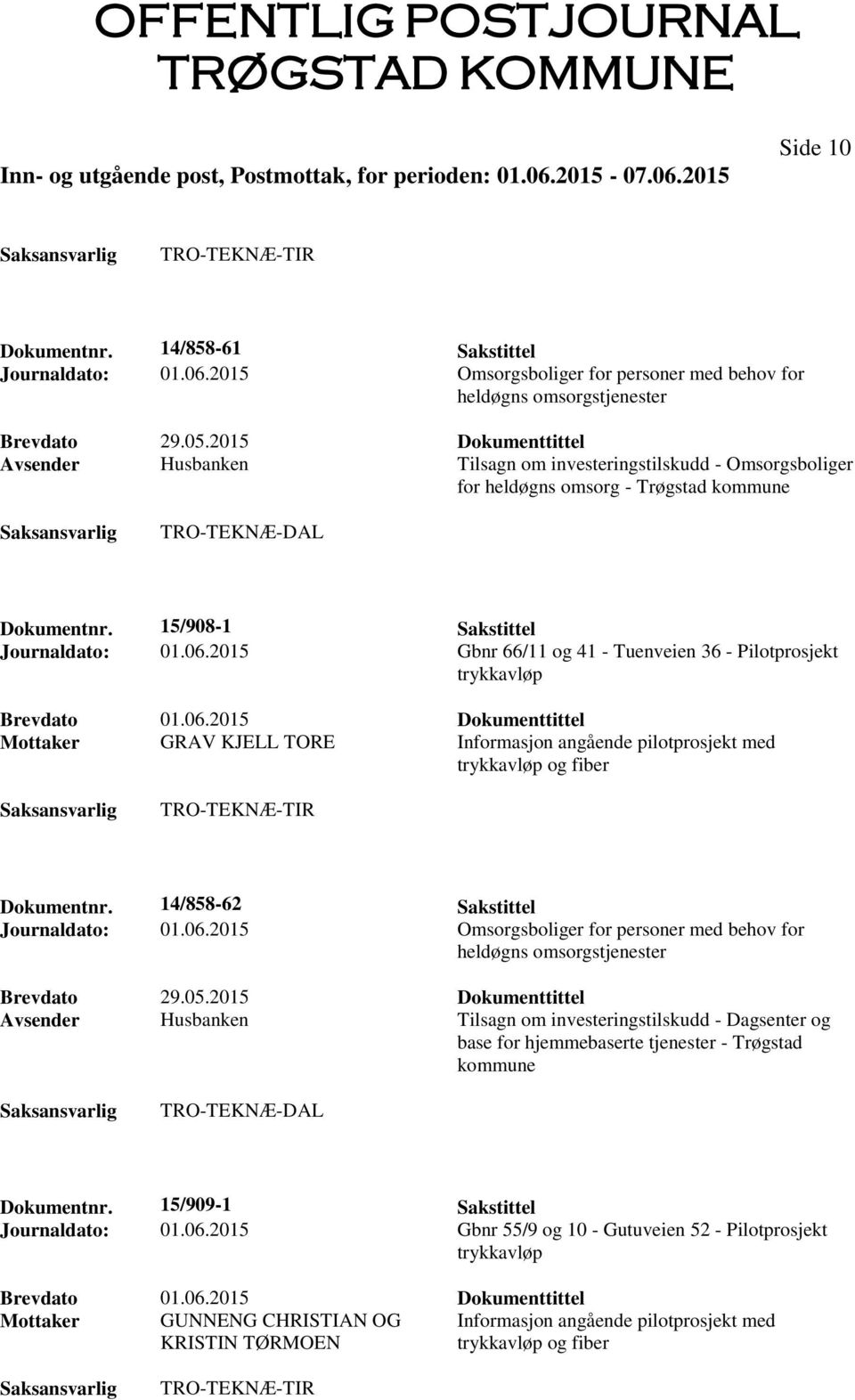 2015 Gbnr 66/11 og 41 - Tuenveien 36 - Pilotprosjekt Mottaker GRAV KJELL TORE Informasjon angående pilotprosjekt med Dokumentnr. 14/858-62 Sakstittel Journaldato: 01.06.