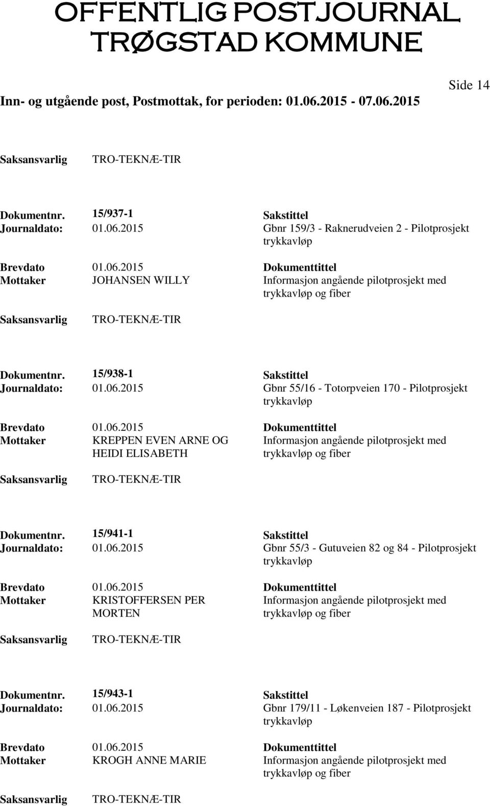 2015 Gbnr 55/16 - Totorpveien 170 - Pilotprosjekt Mottaker KREPPEN EVEN ARNE OG Informasjon angående pilotprosjekt med HEIDI ELISABETH Dokumentnr.