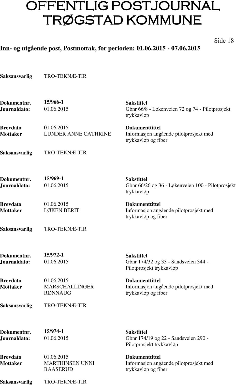 2015 Gbnr 66/26 og 36 - Løkenveien 100 - Pilotprosjekt Mottaker LØKEN BERIT Informasjon angående pilotprosjekt med Dokumentnr. 15/972-1 Sakstittel Journaldato: 01.06.