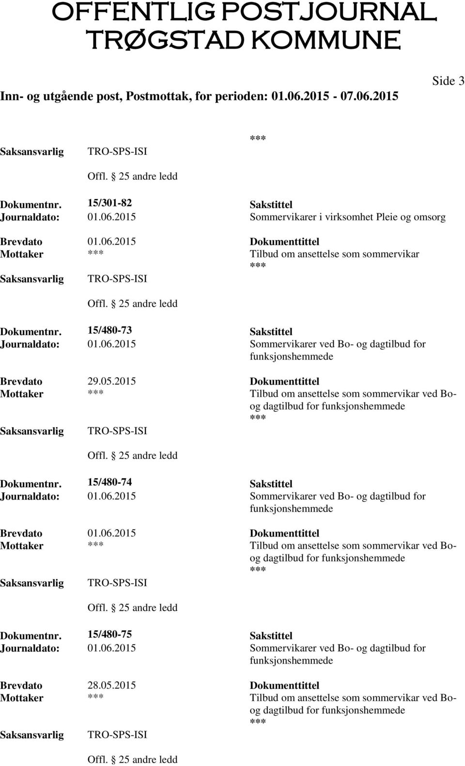 2015 Sommervikarer ved Bo- og dagtilbud for funksjonshemmede Brevdato 29.05.2015 Dokumenttittel Mottaker Tilbud om ansettelse som sommervikar ved Boog dagtilbud for funksjonshemmede TRO-SPS-ISI Offl.