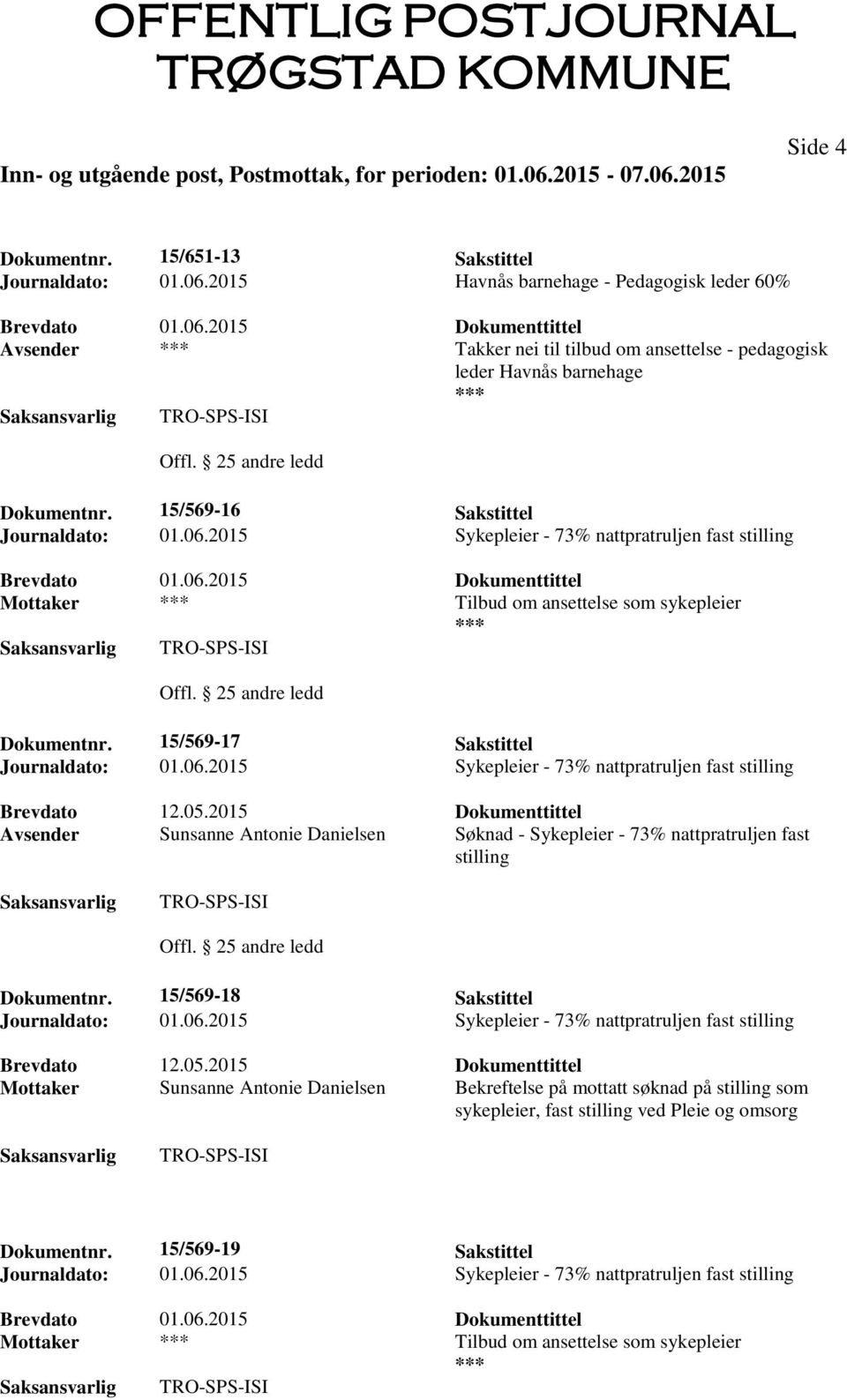 15/569-16 Sakstittel Journaldato: 01.06.2015 Sykepleier - 73% nattpratruljen fast stilling Mottaker Tilbud om ansettelse som sykepleier TRO-SPS-ISI Offl. 25 andre ledd Dokumentnr.