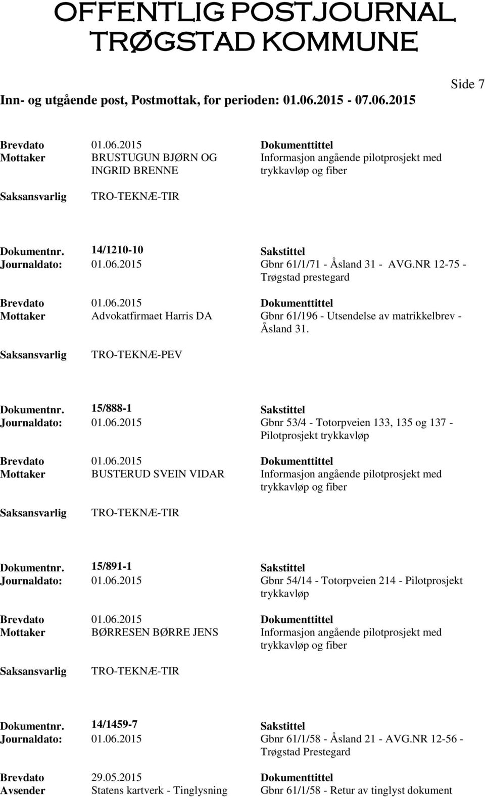 2015 Gbnr 53/4 - Totorpveien 133, 135 og 137 - Pilotprosjekt Mottaker BUSTERUD SVEIN VIDAR Informasjon angående pilotprosjekt med Dokumentnr. 15/891-1 Sakstittel Journaldato: 01.06.