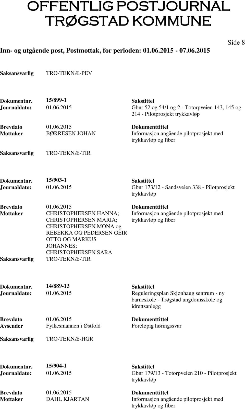 2015 Gbnr 173/12 - Sandsveien 338 - Pilotprosjekt Mottaker CHRISTOPHERSEN HANNA; CHRISTOPHERSEN MARIA; Informasjon angående pilotprosjekt med CHRISTOPHERSEN MONA og REBEKKA OG PEDERSEN GEIR OTTO OG