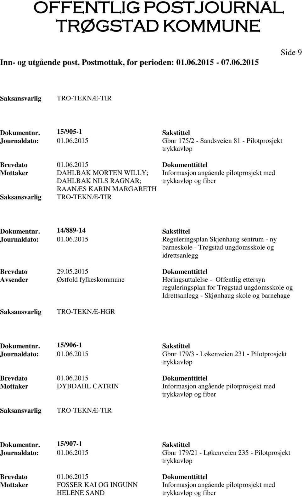 14/889-14 Sakstittel Journaldato: 01.06.2015 Reguleringsplan Skjønhaug sentrum - ny barneskole - Trøgstad ungdomsskole og idrettsanlegg Brevdato 29.05.