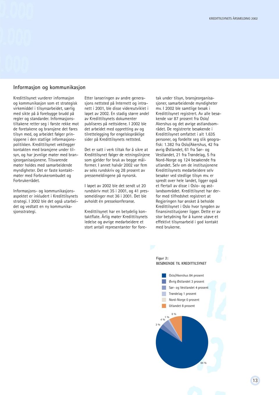 Kredittilsynet vektlegger kontakten med bransjene under tilsyn, og har jevnlige møter med bransjeorganisasjonene. Tilsvarende møter holdes med samarbeidende myndigheter.