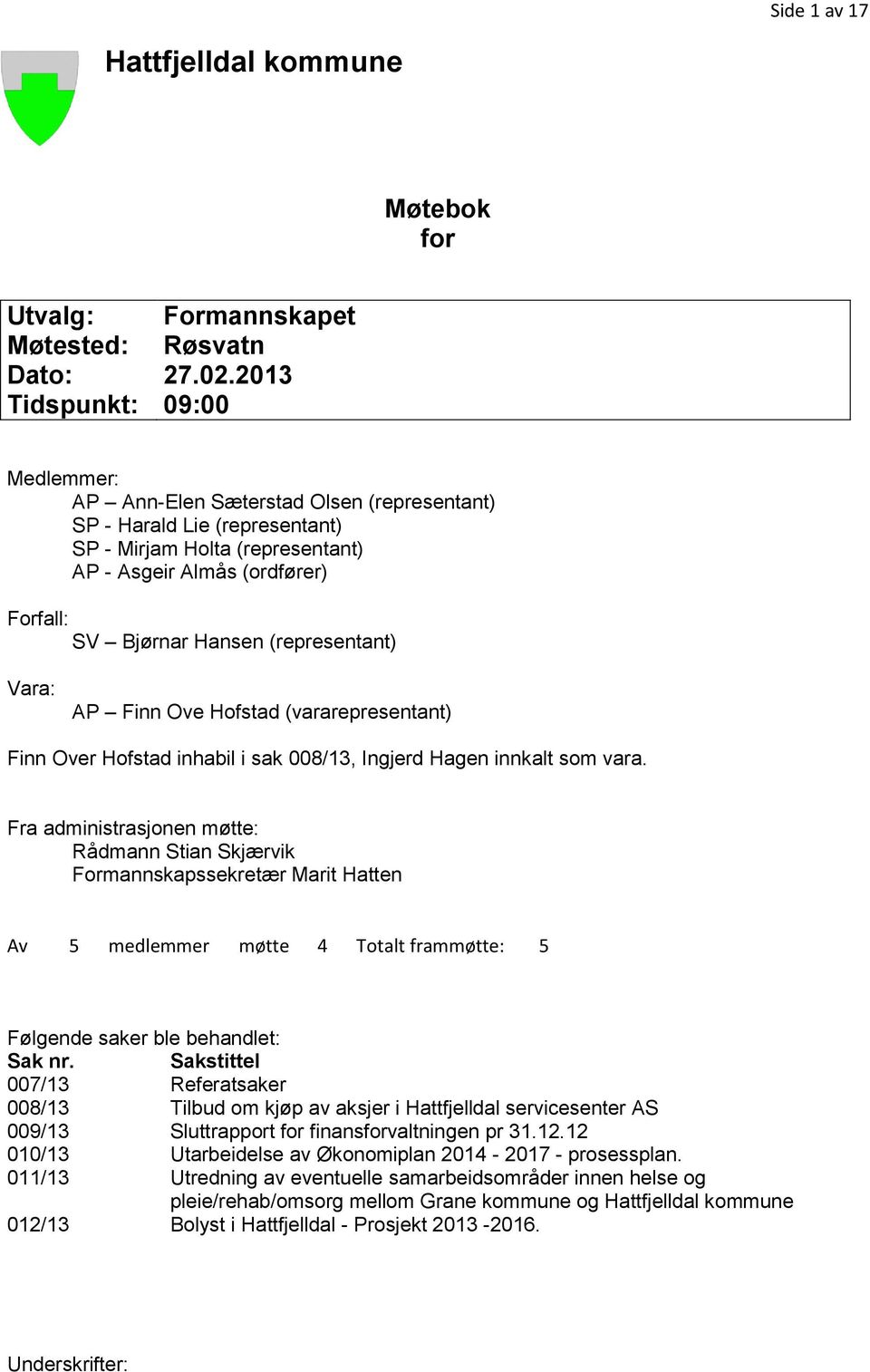 (representant) Vara: AP Finn Ove Hofstad (vararepresentant) Finn Over Hofstad inhabil i sak 008/13, Ingjerd Hagen innkalt som vara.
