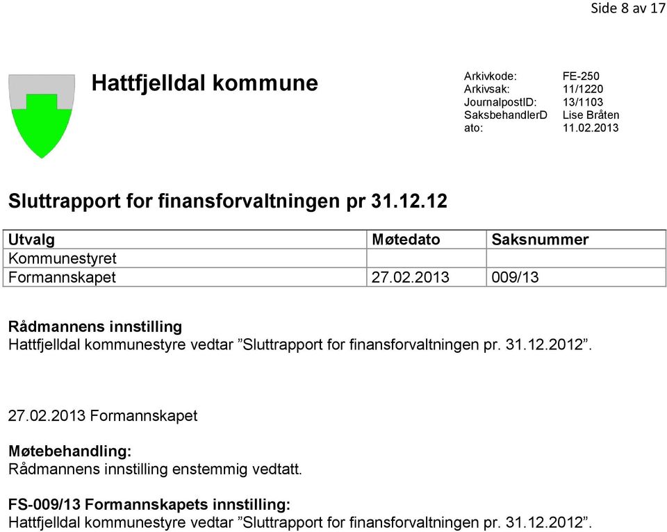 2013 009/13 Rådmannens innstilling Hattfjelldal kommunestyre vedtar Sluttrapport for finansforvaltningen pr. 31.12.2012. 27.02.