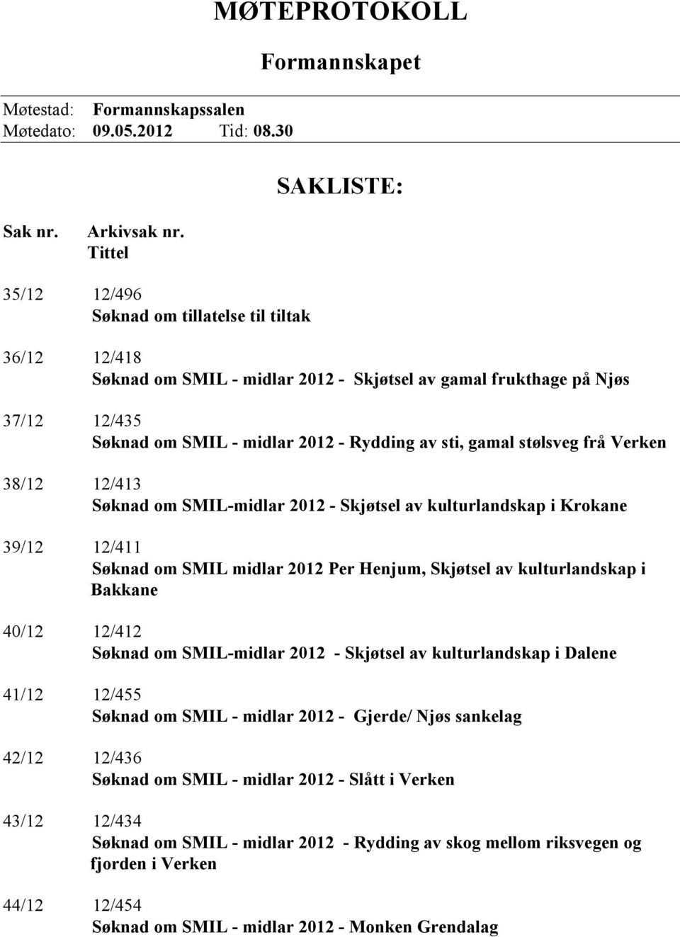 stølsveg frå Verken 38/12 12/413 Søknad om SMIL-midlar 2012 - Skjøtsel av kulturlandskap i Krokane 39/12 12/411 Søknad om SMIL midlar 2012 Per Henjum, Skjøtsel av kulturlandskap i Bakkane 40/12