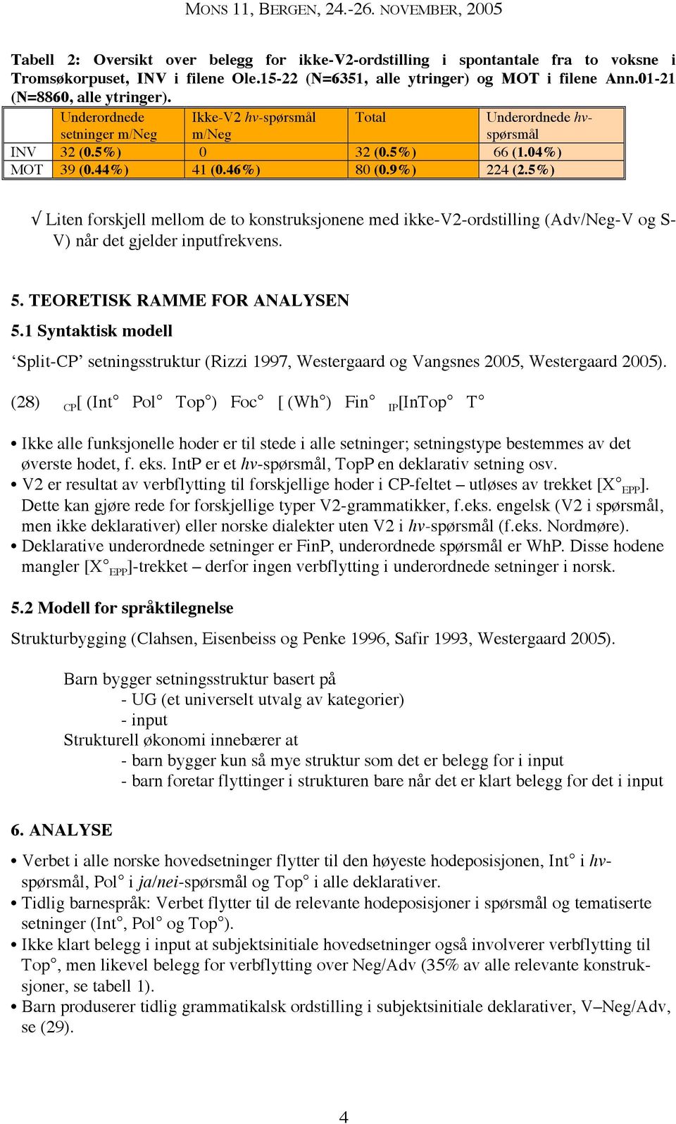 46%) 80 (0.9%) 224 (2.5%) Underordnede hvspørsmål Liten forskjell mellom de to konstruksjonene med ikke-v2-ordstilling (Adv/Neg-V og S- V) når det gjelder inputfrekvens. 5.