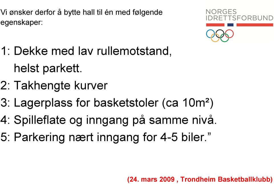 2: Takhengte kurver 3: Lagerplass for basketstoler (ca 10m²) 4: