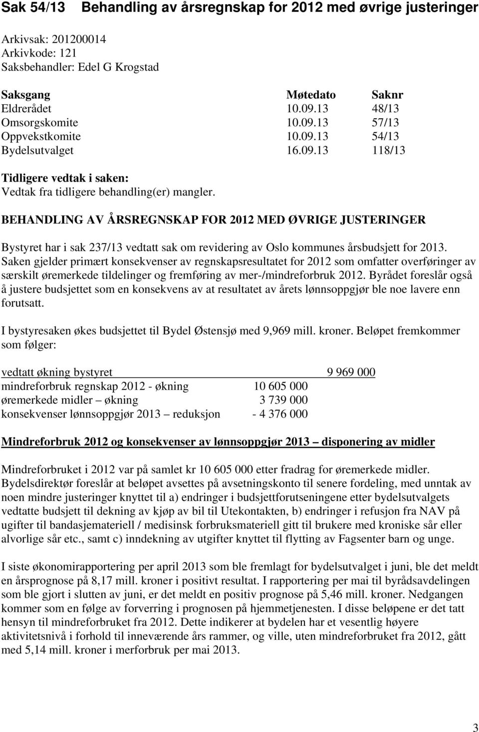 BEHANDLING AV ÅRSREGNSKAP FOR 2012 MED ØVRIGE JUSTERINGER Bystyret har i sak 237/13 vedtatt sak om revidering av Oslo kommunes årsbudsjett for 2013.