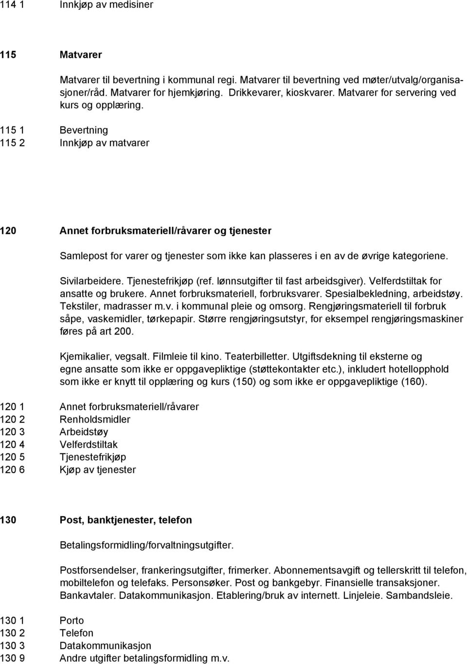 115 1 Bevertning 115 2 Innkjøp av matvarer 120 Annet forbruksmateriell/råvarer og tjenester Samlepost for varer og tjenester som ikke kan plasseres i en av de øvrige kategoriene. Sivilarbeidere.