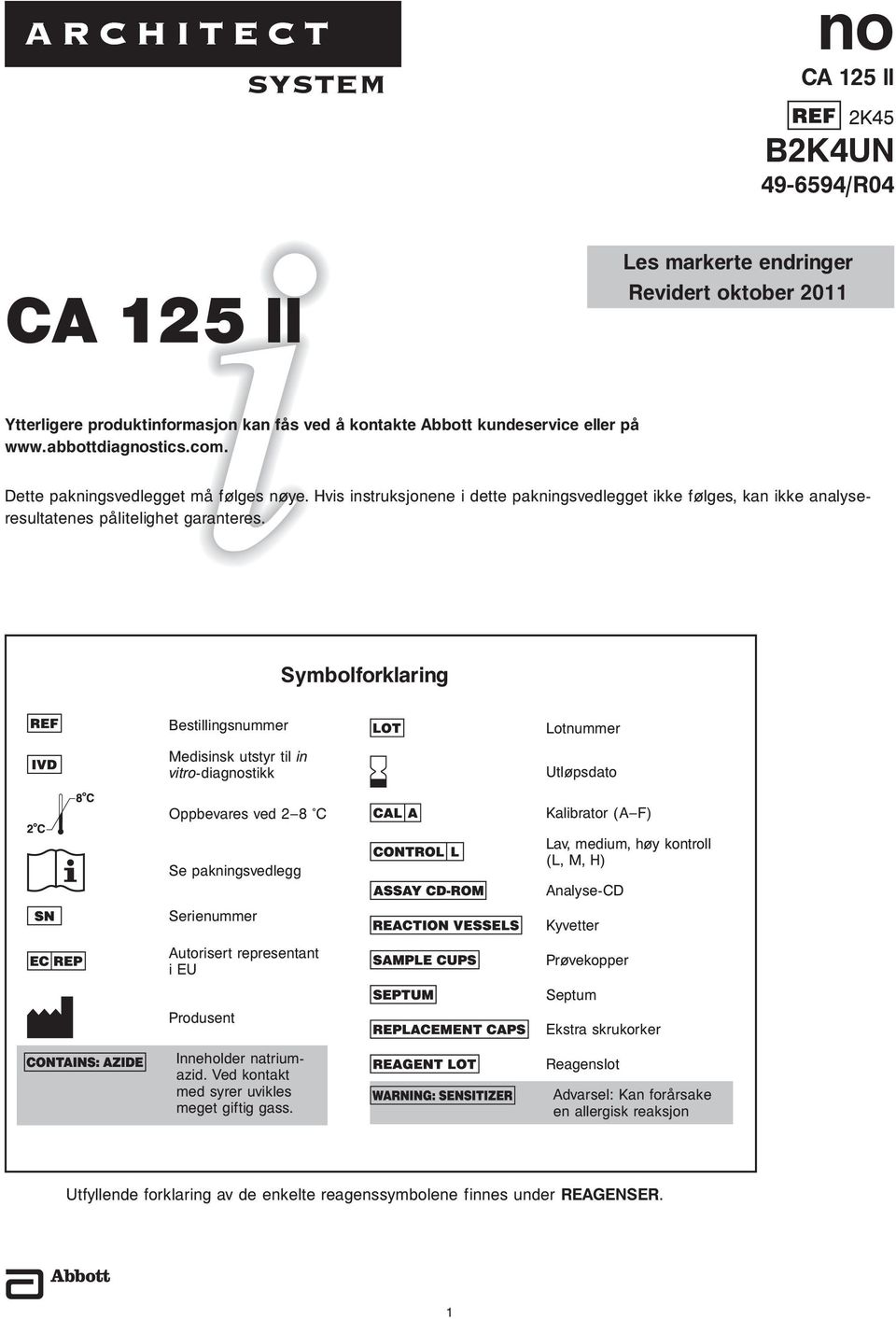 Symbolforklaring Bestillingsnummer Medisinsk utstyr til in vitro-diagnostikk Oppbevares ved 2 8 C Se pakningsvedlegg Serienummer Autorisert representant i EU Produsent Inneholder natriumazid.