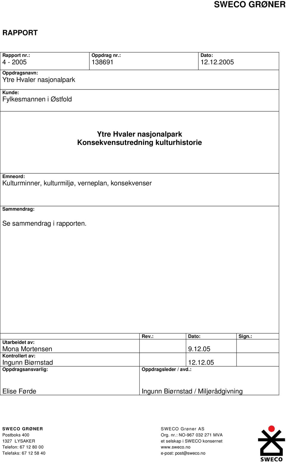 Sammendrag: Se sammendrag i rapporten. Rev.: Dato: Sign.: Utarbeidet av: Mona Mortensen 9.12.05 Kontrollert av: Ingunn Biørnstad 12.12.05 Oppdragsansvarlig: Oppdragsleder / avd.