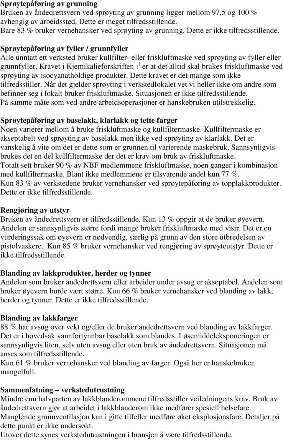 Sprøytepåføring av fyller / grunnfyller Alle unntatt ett verksted bruker kullfilter- eller friskluftmaske ved sprøyting av fyller eller grunnfyller.