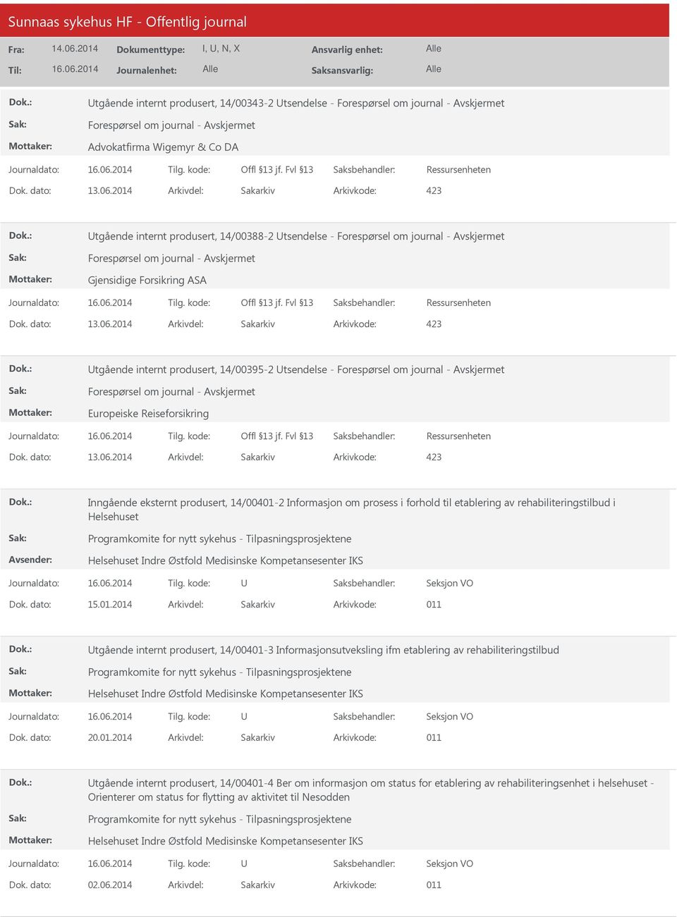 01.2014 Arkivdel: Sakarkiv tgående internt produsert, 14/00401-3 Informasjonsutveksling ifm etablering av rehabiliteringstilbud Dok. dato: 20.01.2014 Arkivdel: Sakarkiv tgående internt