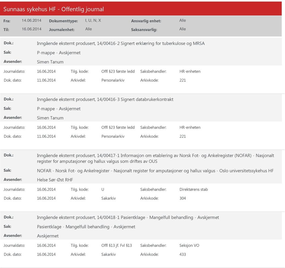 som driftes av OS NOFAR - Norsk Fot- og Ankelregister - Nasjonalt register for amputasjoner og hallux valgus - Oslo universitetssykehus HF Arkivkode: 304