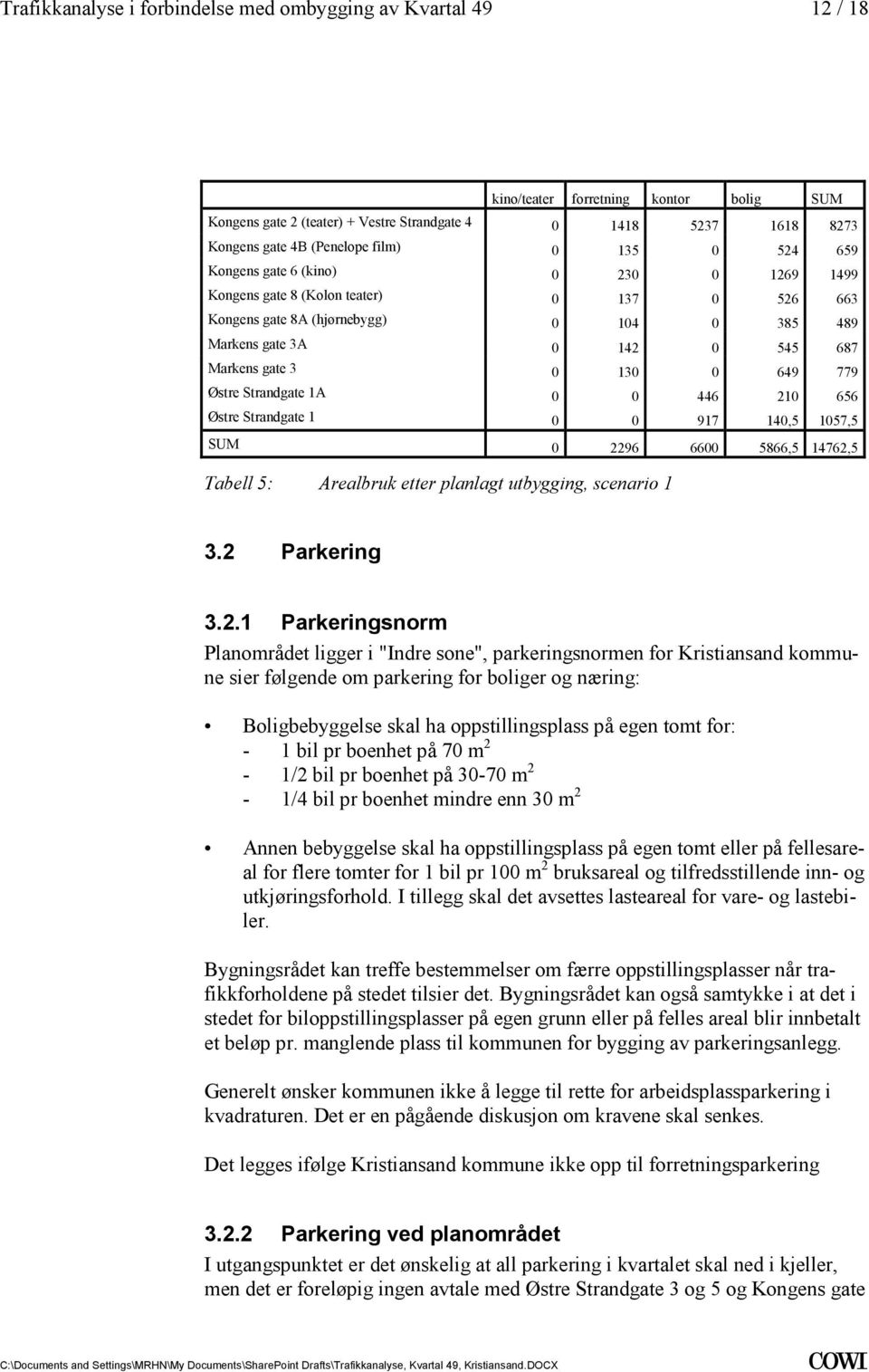 1 0 0 917 140,5 10,5 SUM 0 2296 00 58,5 14762,5 Tabell 5: Arealbruk etter planlagt utbygging, scenario 1 32 Parkering 321 Parkeringsnorm Planområdet ligger i "Indre sone", parkeringsnormen for