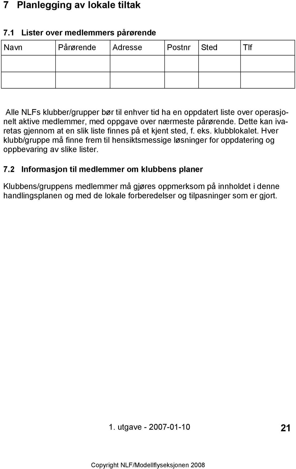 medlemmer, med oppgave over nærmeste pårørende. Dette kan ivaretas gjennom at en slik liste finnes på et kjent sted, f. eks. klubblokalet.