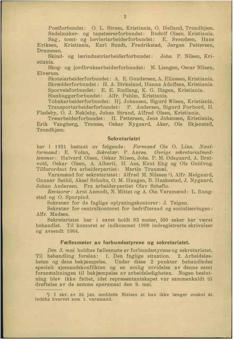 Liengen, Oscar Nilsen, Elverum. Skotøiarbeiderforbundet : A. E. Gundersen, A. Eliassen, Kristiania. Skrædderforbundet : H. A. Birkeland, Hanna Adolfsen, Kristiania Sporveisforbundet : E. E. Rudlang, K.