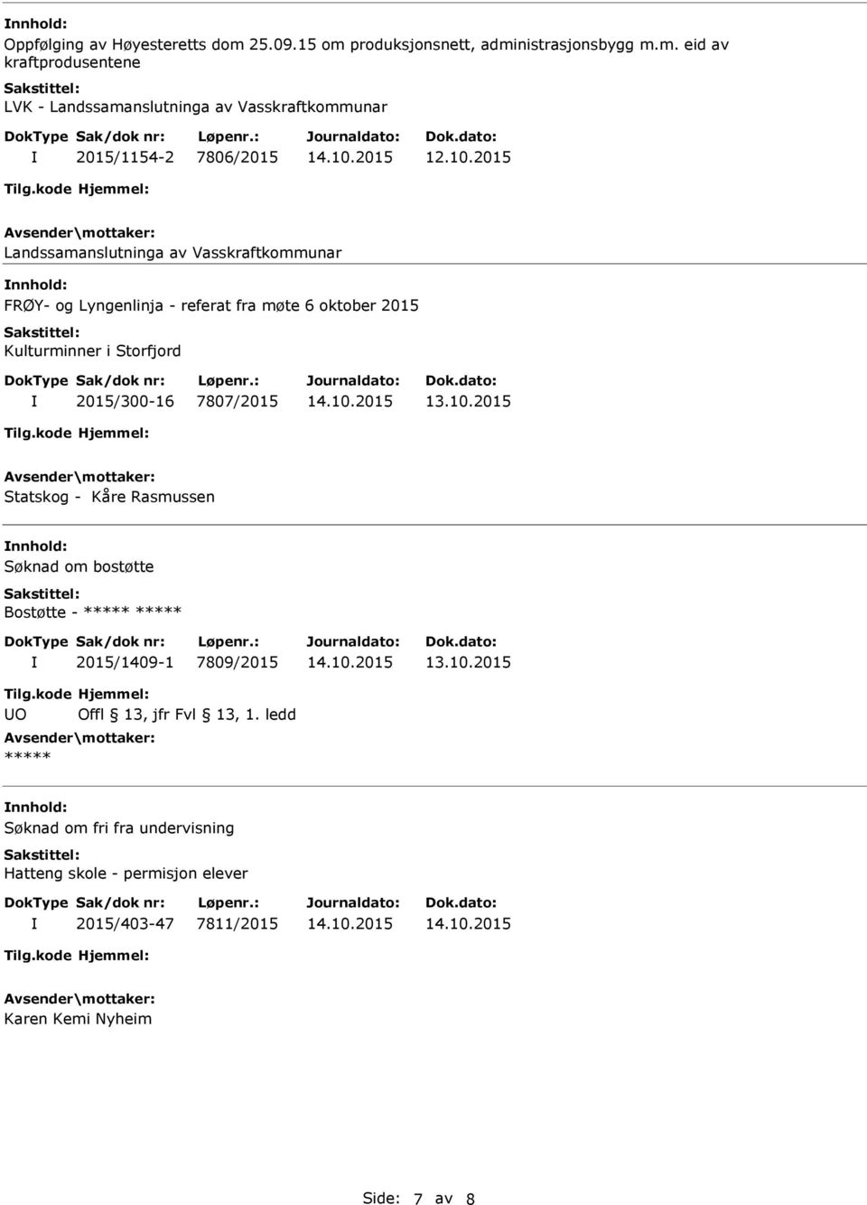 2015/300-16 7807/2015 Statskog - Kåre Rasmussen Søknad om bostøtte Bostøtte - ***** ***** 2015/1409-1 7809/2015 O ***** Søknad om fri