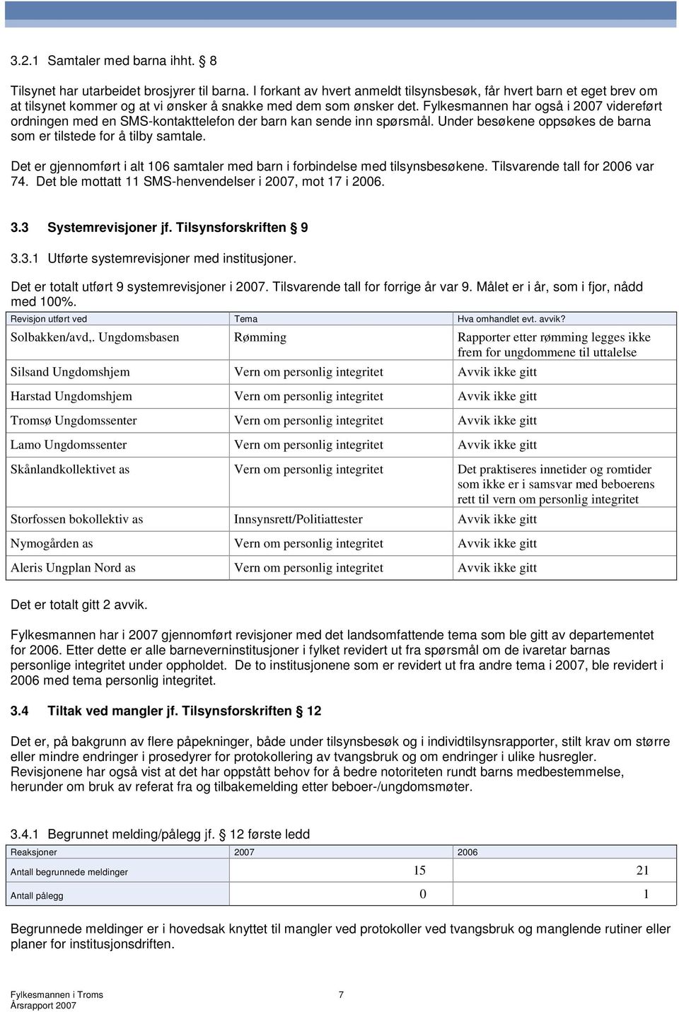 Fylkesmannen har også i 2007 videreført ordningen med en SMS-kontakttelefon der barn kan sende inn spørsmål. Under besøkene oppsøkes de barna som er tilstede for å tilby samtale.