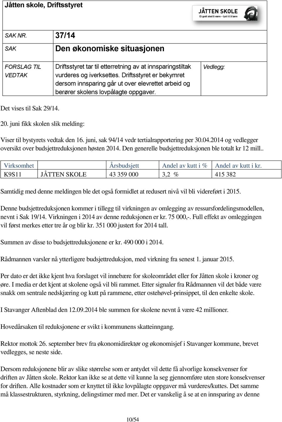 juni fikk skolen slik melding: Viser til bystyrets vedtak den 16. juni, sak 94/14 vedr tertialrapportering per 30.04.2014 og vedlegger oversikt over budsjettreduksjonen høsten 2014.