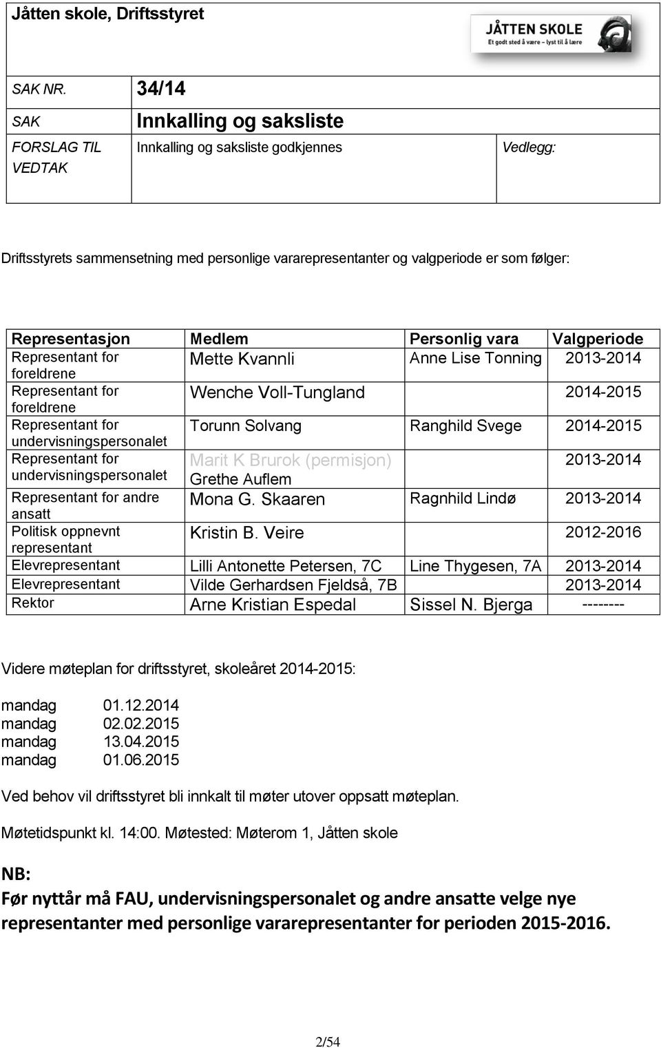 Representasjon Medlem Personlig vara Valgperiode Representant for foreldrene Mette Kvannli Anne Lise Tonning 2013-2014 Representant for foreldrene Wenche Voll-Tungland 2014-2015 Representant for