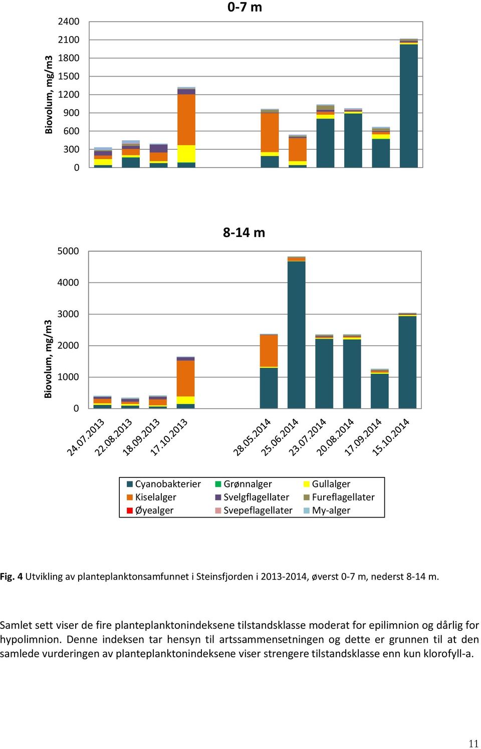 4 Utvikling av planteplanktonsamfunnet i Steinsfjorden i 2013-2014, øverst 0-7 m, nederst 8-14 m.