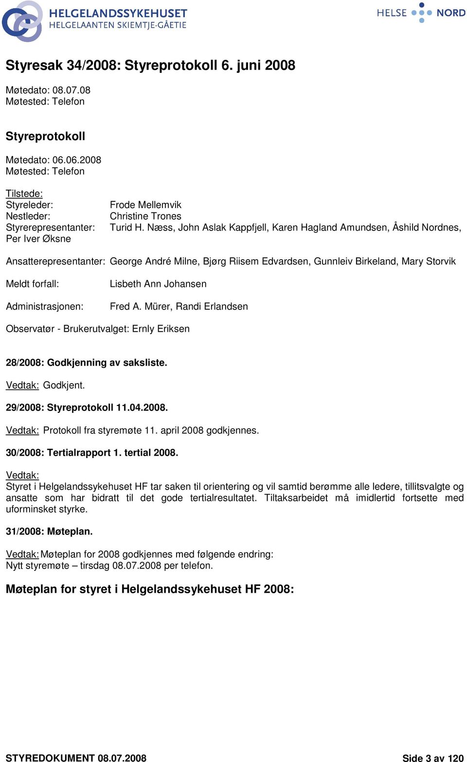 Næss, John Aslak Kappfjell, Karen Hagland Amundsen, Åshild Nordnes, Ansatterepresentanter: George André Milne, Bjørg Riisem Edvardsen, Gunnleiv Birkeland, Mary Storvik Meldt forfall: