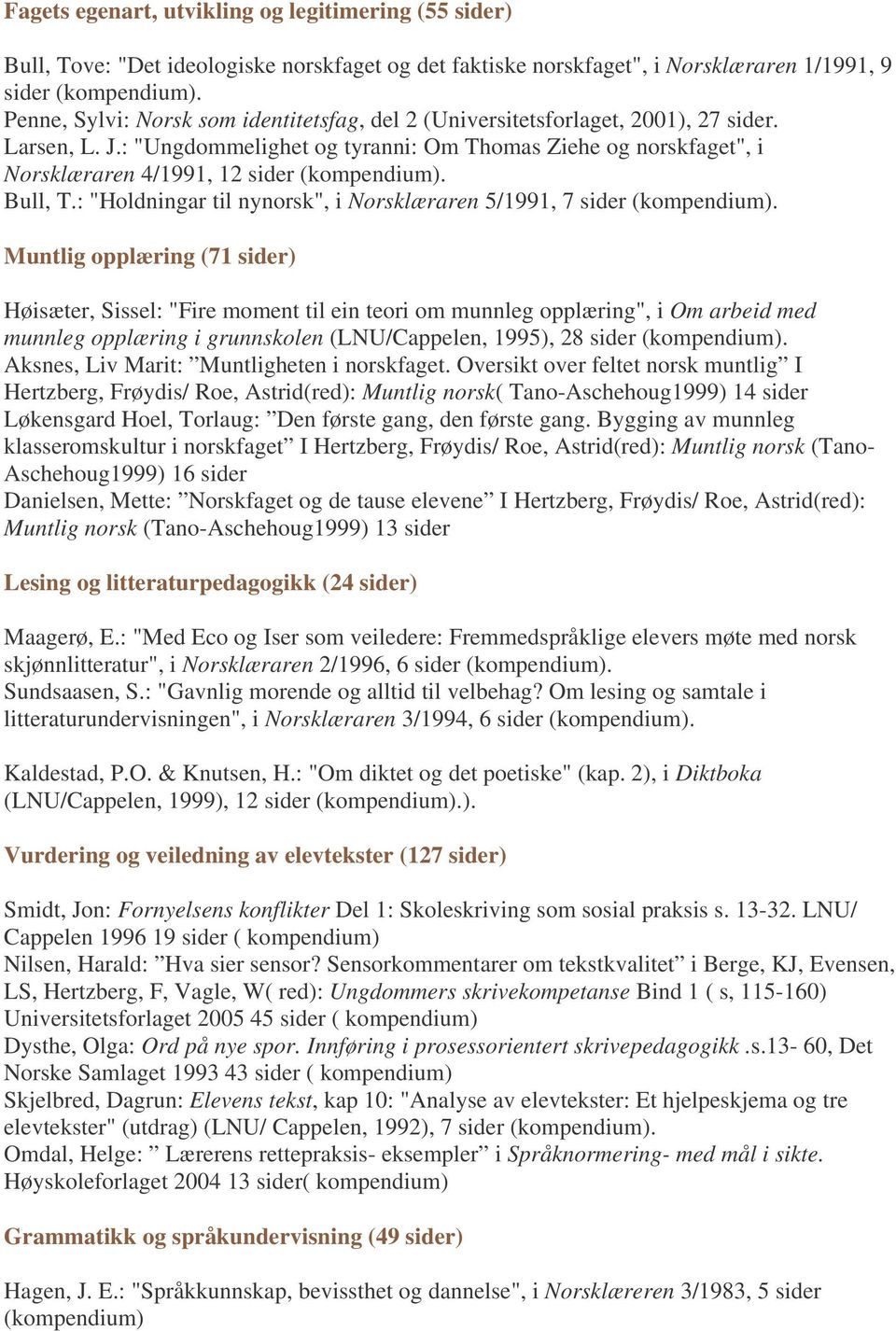 : "Holdningar til nynorsk", i Norsklæraren 5/1991, 7 sider Muntlig opplæring (71 sider) Høisæter, Sissel: "Fire moment til ein teori om munnleg opplæring", i Om arbeid med munnleg opplæring i