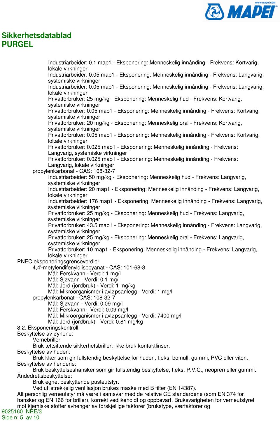 05 map1 - Eksponering: Menneskelig innånding - Frekvens: Langvarig, lokale virkninger Privatforbruker: 25 mg/kg - Eksponering: Menneskelig hud - Frekvens: Kortvarig, Privatforbruker: 0.