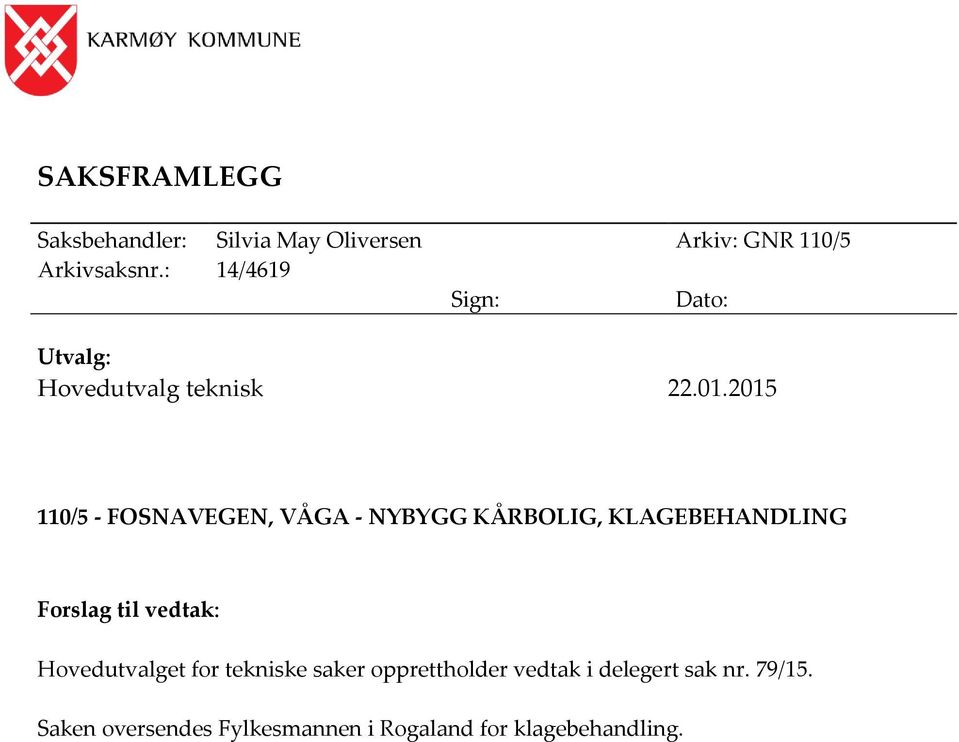 2015 110/5 - FOSNAVEGEN, VÅGA - NYBYGG KÅRBOLIG, KLAGEBEHANDLING Forslag til vedtak: