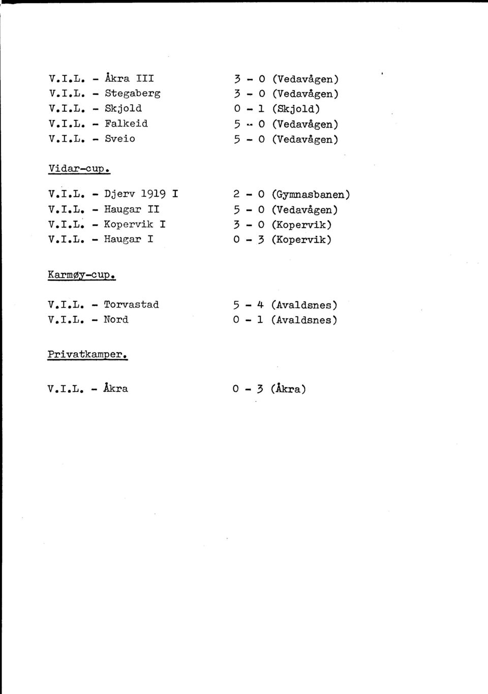 I.L. Kopervik I 3 0 (Kopervik) V.I.L. Haugar I 0 3 (Kopervik) Karmøy-cup V.I.L. Torvastad 5 4 (Avaldsnes) V.