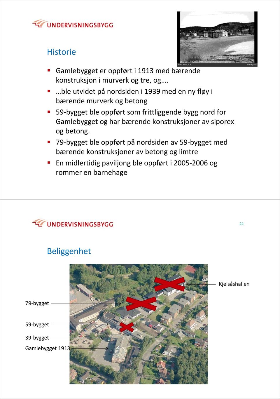 Gamlebygget og har bærende konstruksjoner av siporex og betong.