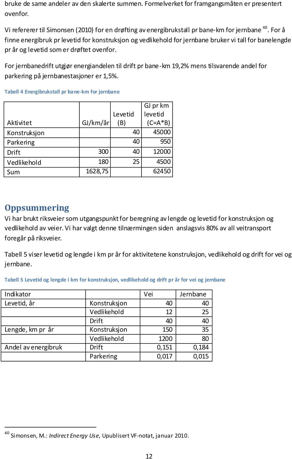 For jernbanedrift utgjør energiandelen til drift pr bane-km 19,2% mens tilsvarende andel for parkering på jernbanestasjoner er 1,5%.