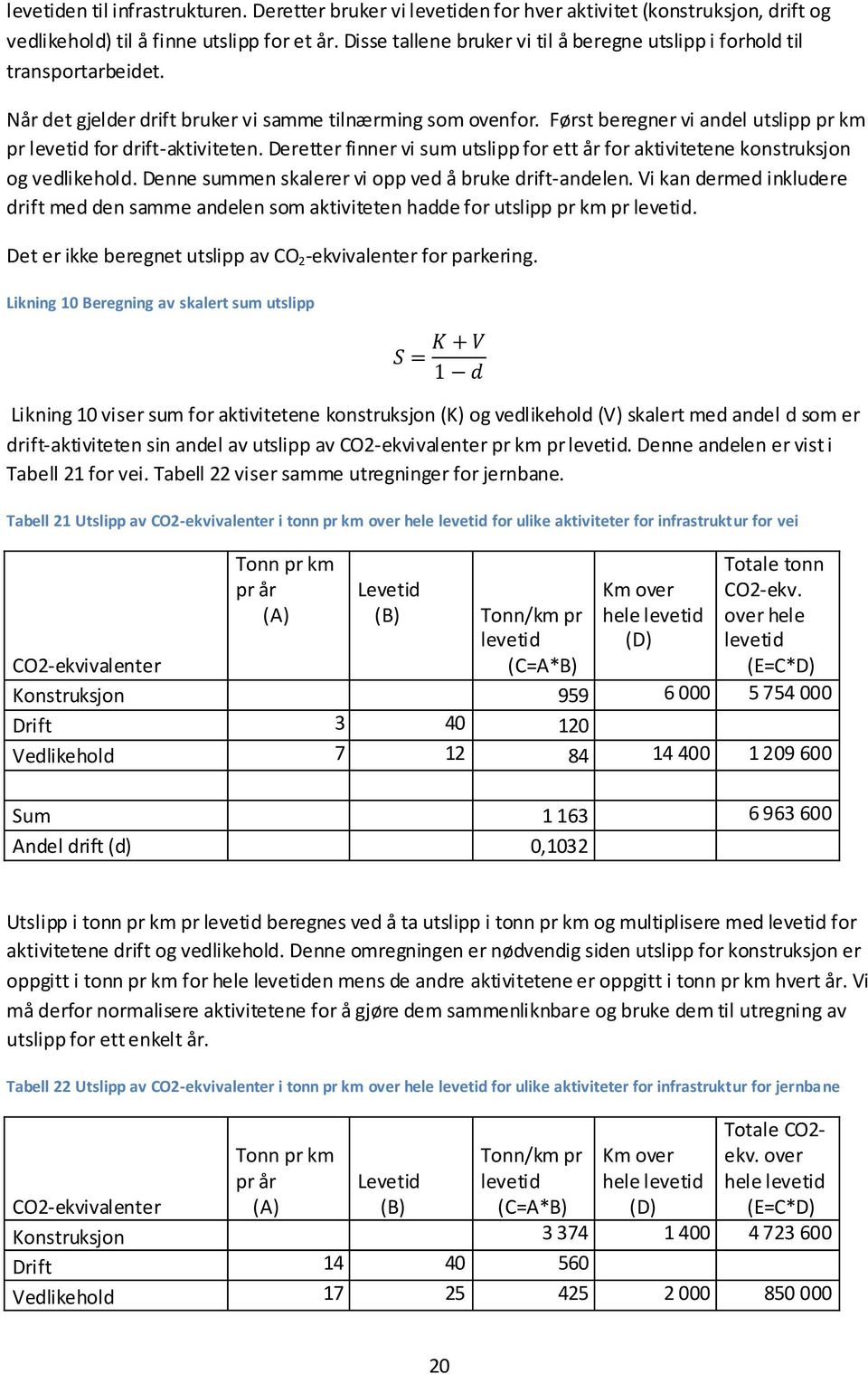 Først beregner vi andel utslipp pr km pr levetid for drift-aktiviteten. Deretter finner vi sum utslipp for ett år for aktivitetene konstruksjon og vedlikehold.