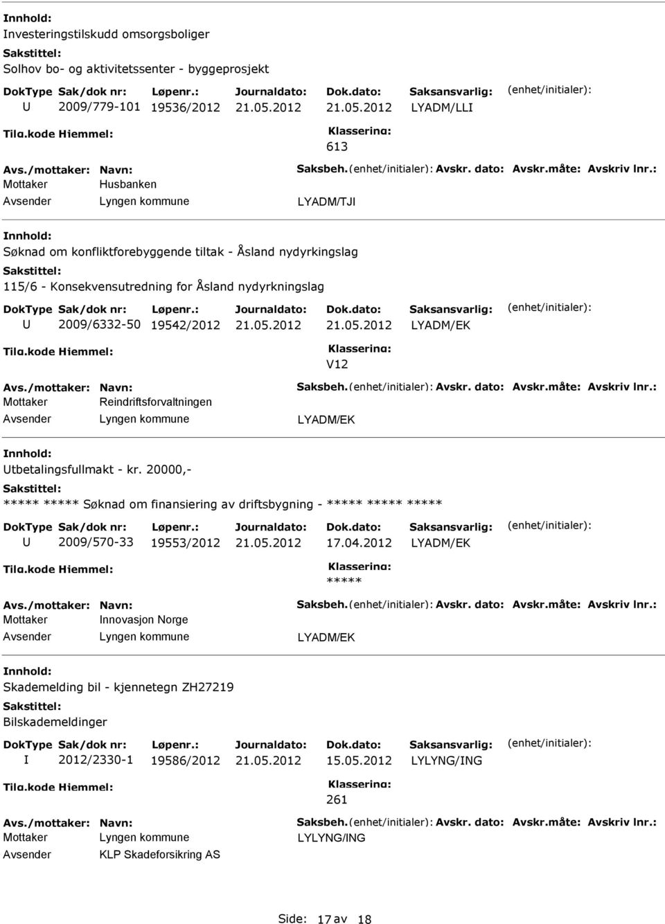 /mottaker: Navn: Saksbeh. Avskr. dato: Avskr.måte: Avskriv lnr.: Reindriftsforvaltningen LYADM/EK tbetalingsfullmakt - kr. 20000,- Søknad om finansiering av driftsbygning - 2009/570-33 19553/2012 17.