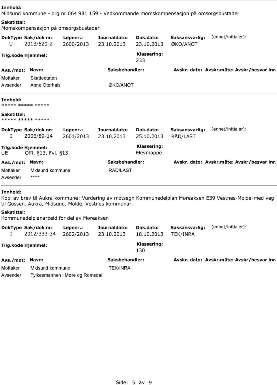 13 Elevmappe ***** Kopi av brev til Aukra kommune: Vurdering av motsegn Kommunedelplan Møreaksen E39 Vestnes-Molde-med veg til Gossen.