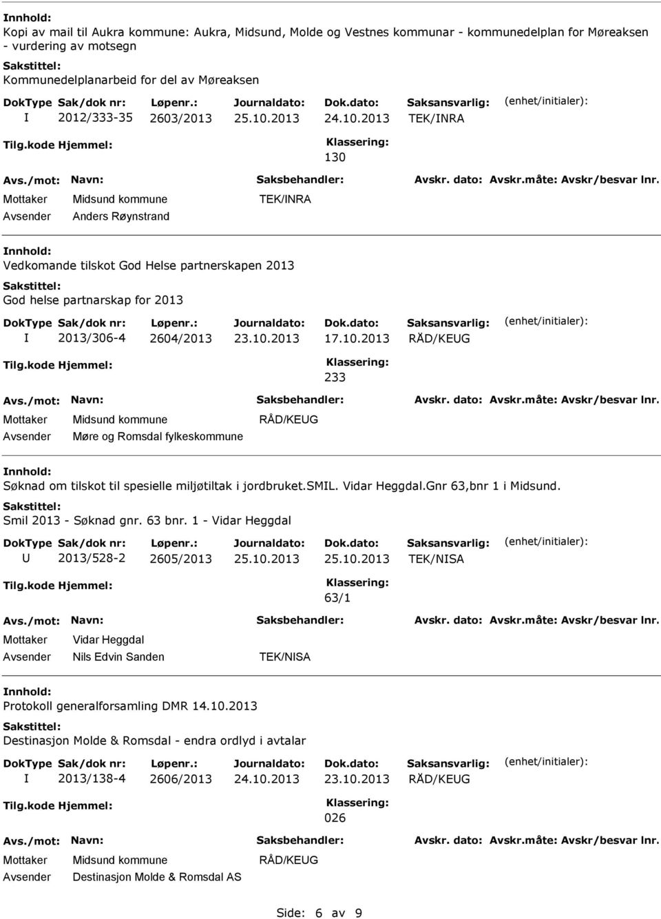 2013 RÅD/KEG 233 Møre og Romsdal fylkeskommune RÅD/KEG Søknad om tilskot til spesielle miljøtiltak i jordbruket.sml. Vidar Heggdal.Gnr 63,bnr 1 i Midsund. Smil 2013 - Søknad gnr. 63 bnr.